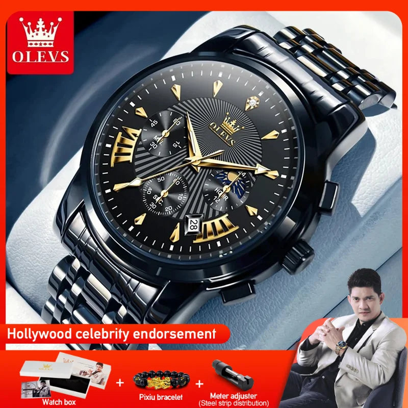 OLEVS 2892 Mens Watch Original Brand Quartz Watch Stainless Steel Moon Phase Watches For Men Chronograph Watch With Box Reloj