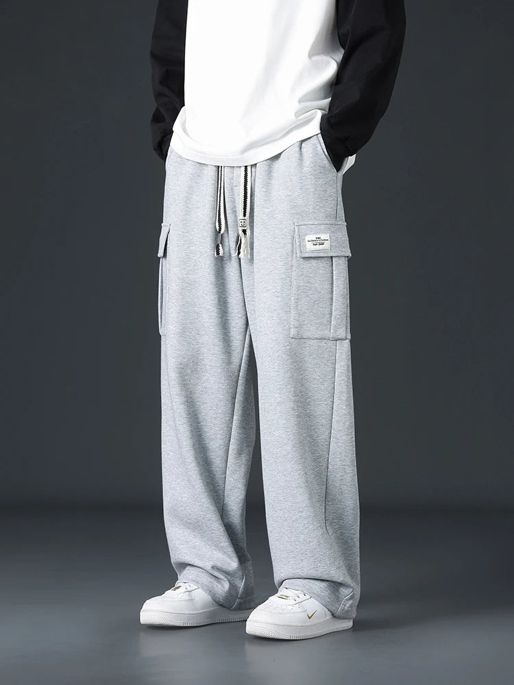 Autumn Men's Baggy Wide-leg Pants Outdoor Jogging Sweatpants Loose Straight Fashion Korean Casual Trousers Streetwear Black Gray