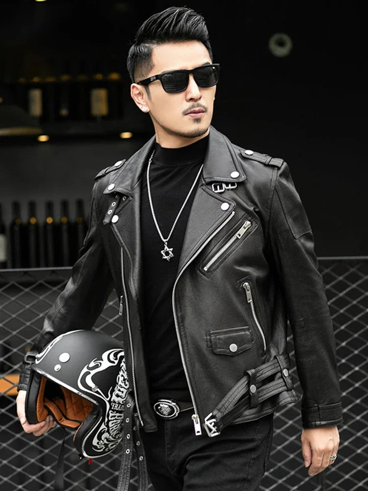 Brand Leather Jackets European Fashion Spring Autumn Short Cool Black Leather Biker Jacket Men Zipper Long Sleeve Belt Plus Size