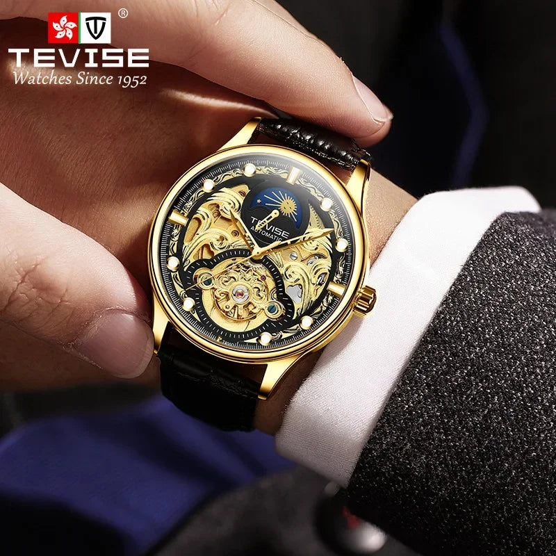 New 2025 Men's Automatic Leather Belt Watch Waterproof Business Casual Mechanical Wristwatch Hollow Design Live Broadcast Delive