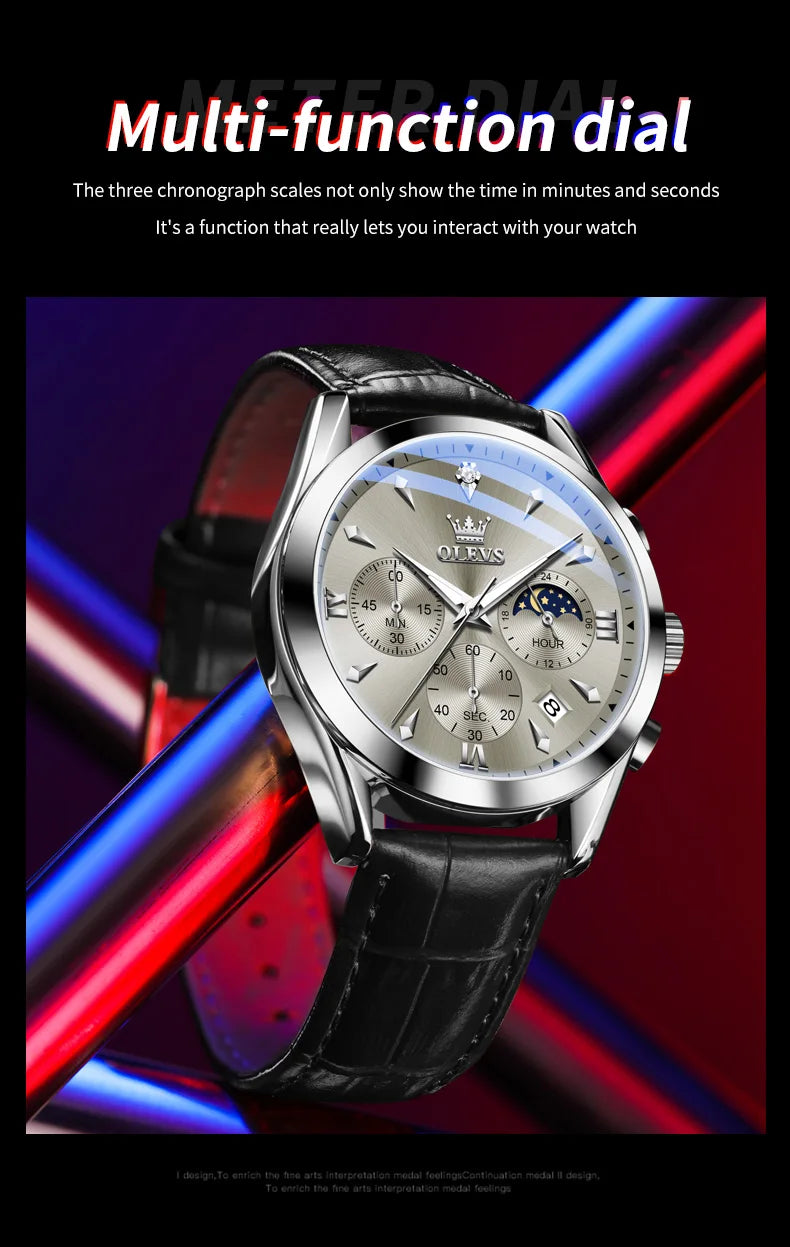 OLEVS 3609 Original Moon Phase Chronograph Man Watch Leather Strap Waterproof Luminous Luxury Brand Quartz Wrist Watches for Men