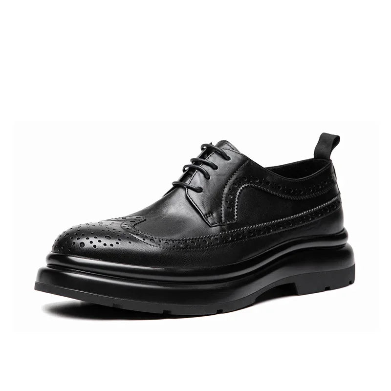 Spring Summer Leather Shoes Men's Genuine Leather Formal Casual Business British Trendy Brogue Thick Bottom Cowhide Shoes