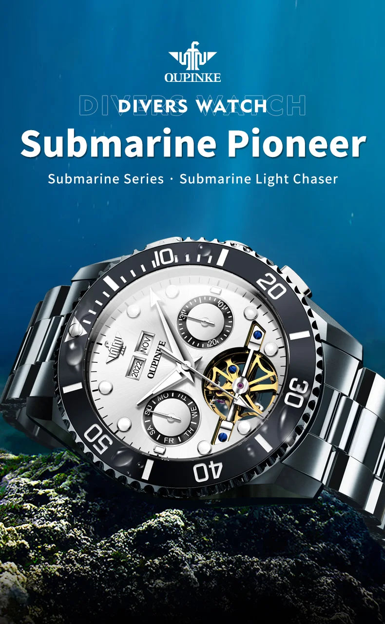 OUPINKE Automatic Mechanical Watches for Men White Black Panda Eye Skeleton Luxury Top Brand Sapphire Mirror Male Diving Watches