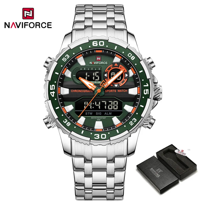 NAVIFORCE Men's Watch Luxury Waterproof Sports Chronograph Quartz Steel Band Wristwatch Digital Date and Week Display Male Clock