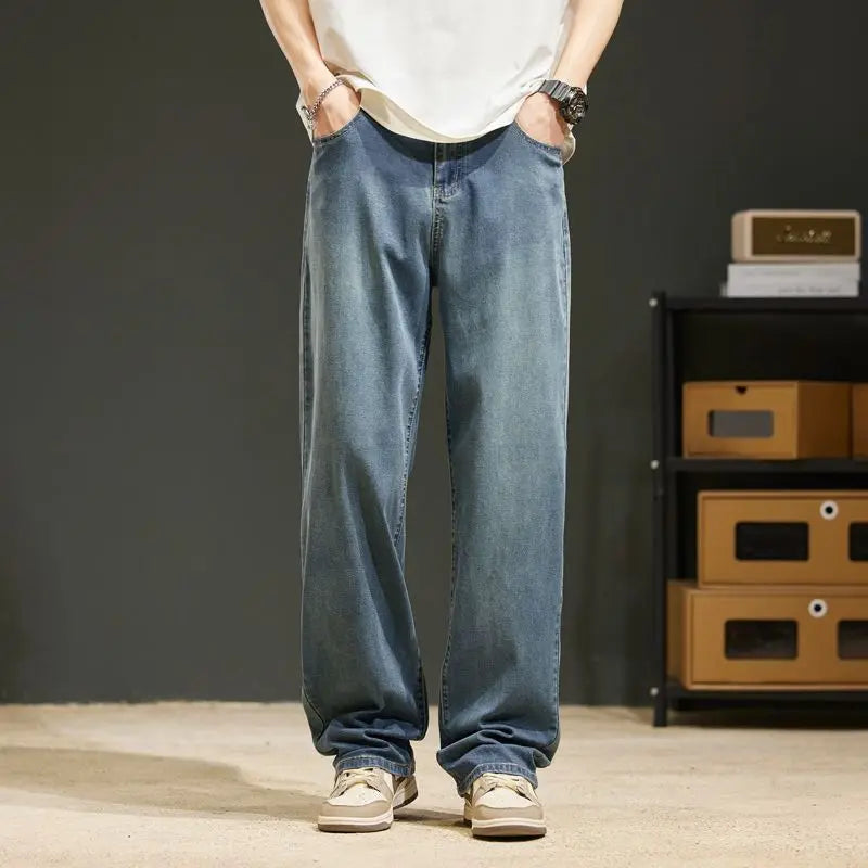 Baggy Jeans Summer Men's Jeans Baggy Soft Drape Loose Comfortable Wide-leg Ice Silk Pants Retro Elastic Casual Denim Trousers