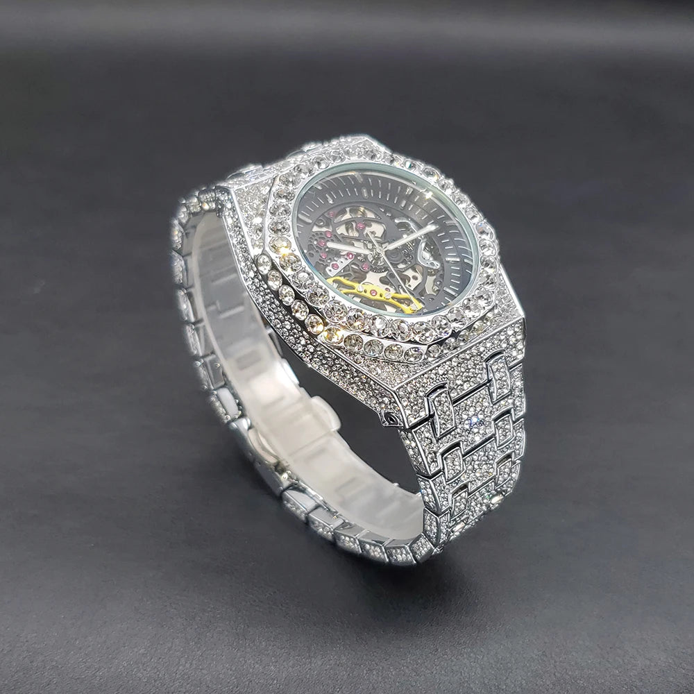 Automatic Watch For Men Luxury Full Ice Out Business Tourbillon Watches Bling Diamond Gold Male Mechanical Wristwatch Hot Sale