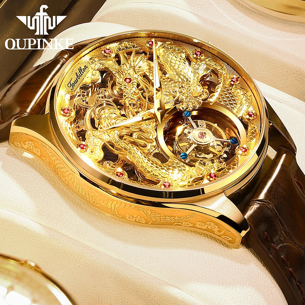 OUPINKE Factory Original Men's Watches Tourbillon movement Skeleton Gold Relief Dragon Watch for Man Top Luxury Brand Wristwatch