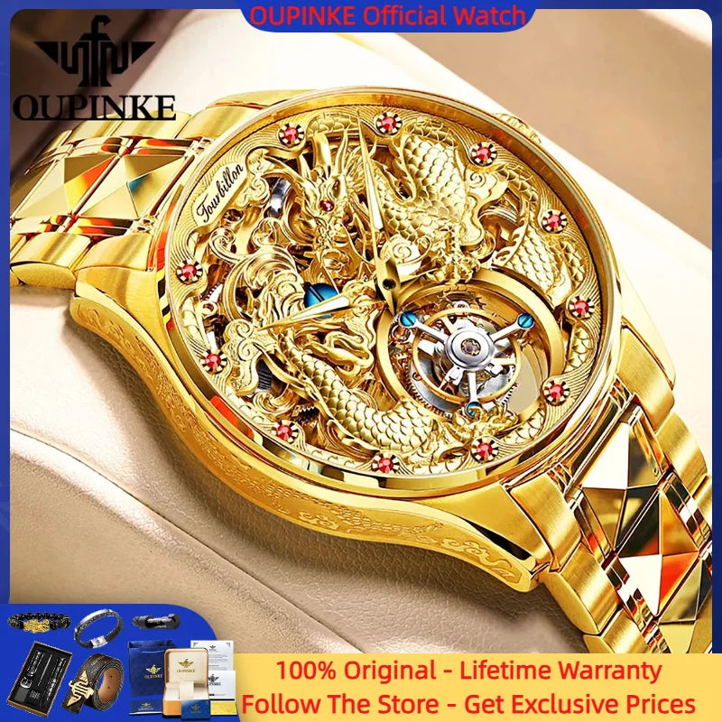OUPINKE 3176 Golden Dragon Tourbillon Men Watch Luxury Brand Mechanical Watch Tungsten Steel Waterproof HD Sapphire Men Watch