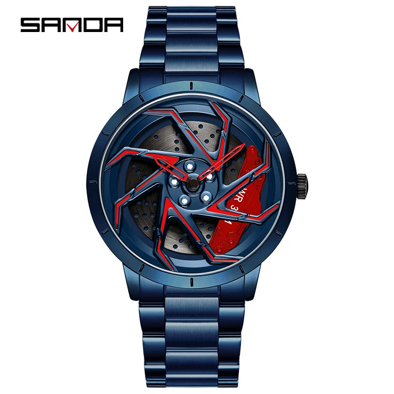 SANDA P1088 Hot Sell New Stainless Steel Band Watch Premium Quartz Movement Shaped 360 Rotating Car Wheel Dial Relogio Masculino