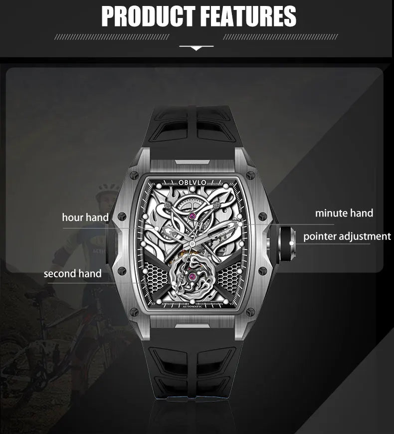 OBLVLO Top Luxury Men's Designer Skeleton Watc Fashion Tonneau Super Luminous Rubber Band Automatic Watches Relojes ZM