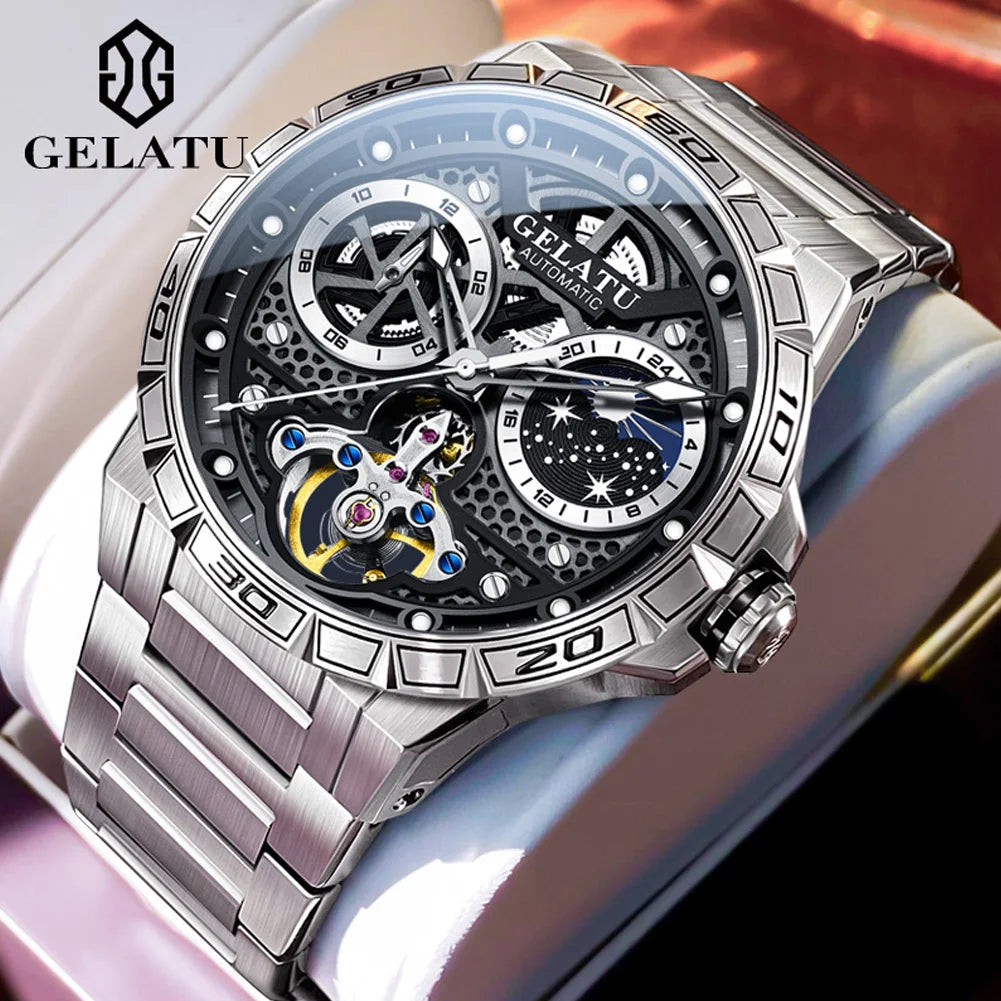 GELATU 6020 Trend Men's Watches Multifunctional Automatic Mechanical Watch for Men Flywheel Hollow out Moon Phase Wristwatch Man