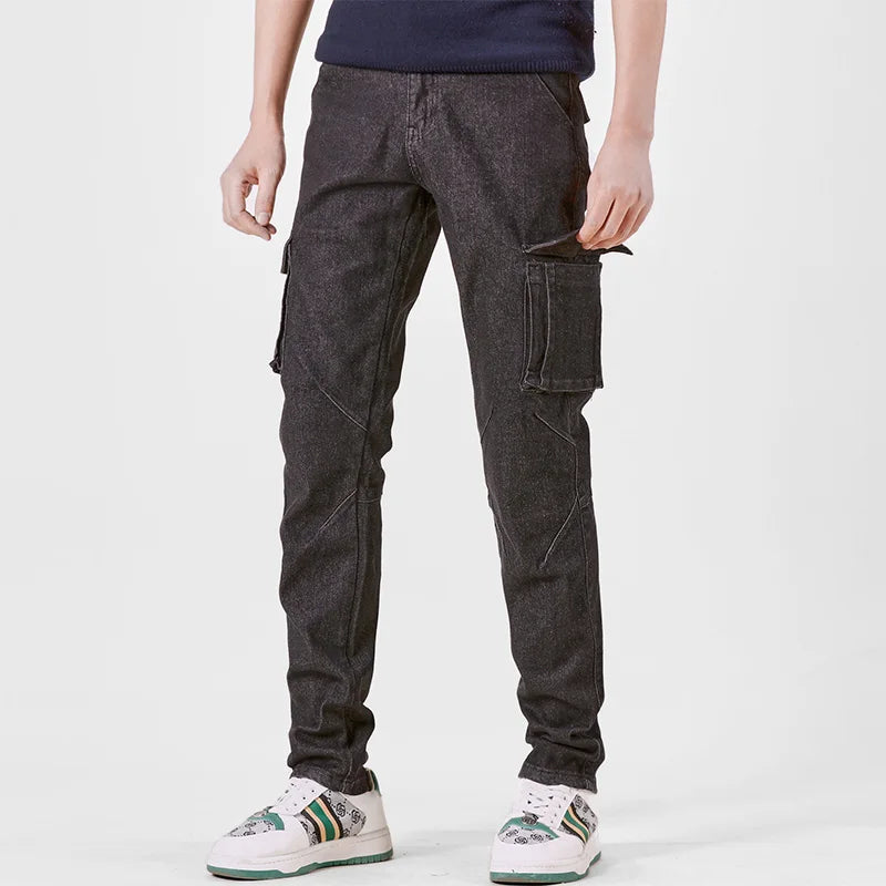 Men's Street Style Elastic Waist Denim Cargo Pants Solid Color Washed Slim Fit Casual Jeans with Multiple Pockets for Daily Wear