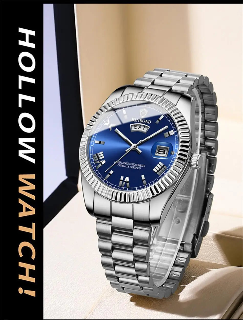 2025 New Men Business Watches Fashion Arabic Dial Steel Band Male's Luminous Waterproof Quartz Watch Set(Gift box regulator Box）