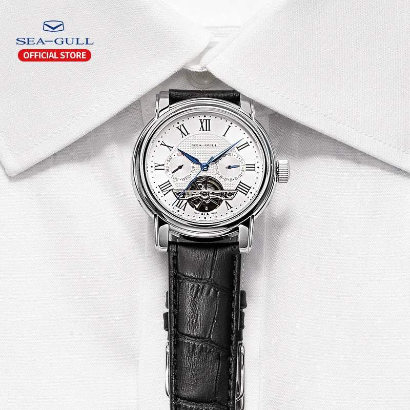 Seagull Men's Watch Automatic Mechanical Wristwatch Multi-Function Hollow Flywheel Business Calendar Weekly Calendar Watches