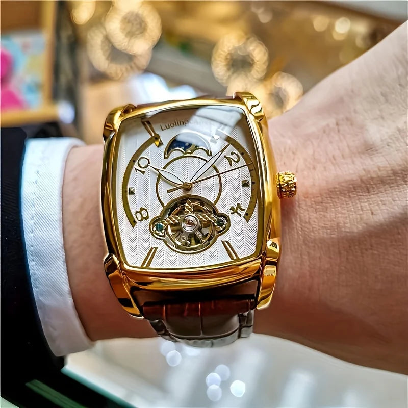 [Luxury Tourbillon Mechanical Watch] Light Luxury Tourbillon Mechanical Watch for Men - Fully Automatic High-End Fashion Trend Hollow Business Casual Men's Watch - Sun, Moon, Star, Barrel Shape, Temperament Large Plate, Gift