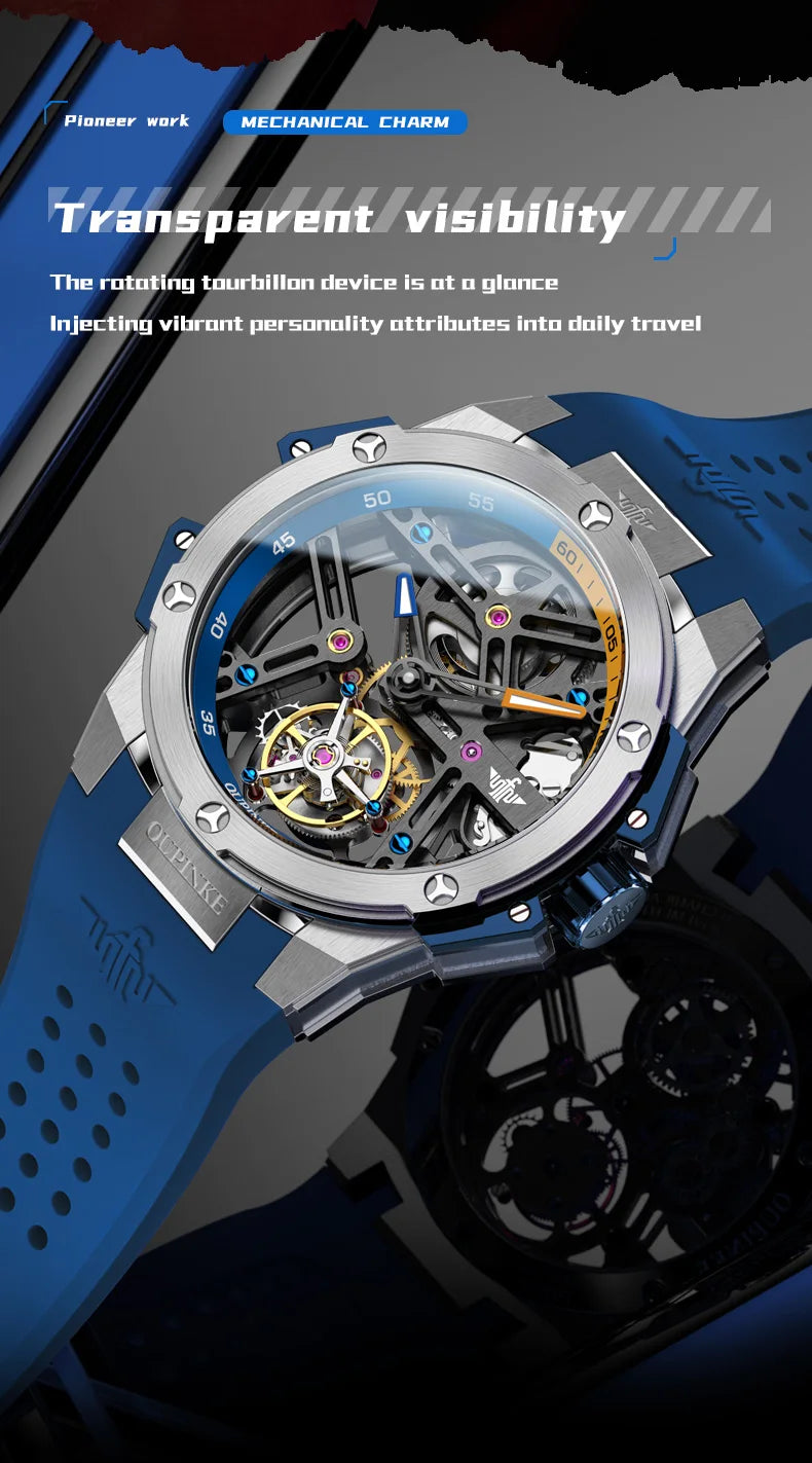 OUPINKE 8003 Men's Watch 45mm Big Dial Fashion Hollow Automatic Watch For Men Waterproof Luxury Tourbillon Mechanical Hand Clock