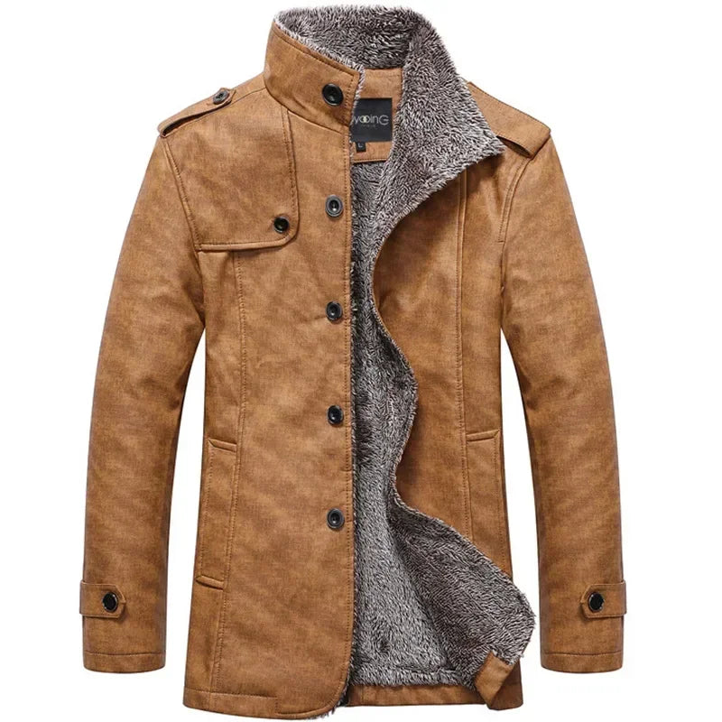 New  Men's Leather Suit Jacket Slim Plus Fleece Coat Fashion Mid-long PU Leather Jacket Streetwear Men Casual Warm Outerwear