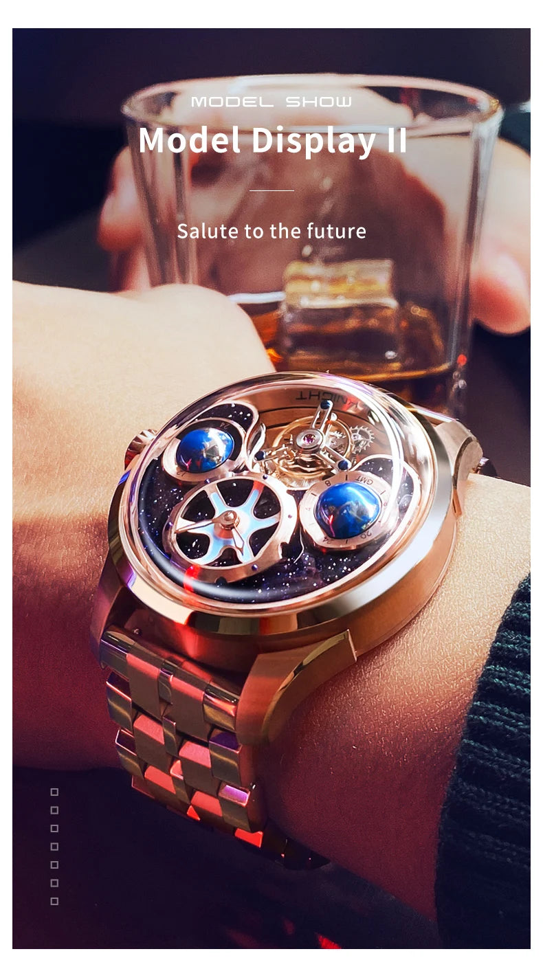 IDEAL KNIGHT Top Brand Luxruy Mens Watch Advanced Tourbillon Automatic Mechanical Watch Waterproof Luminous Dual Region Time