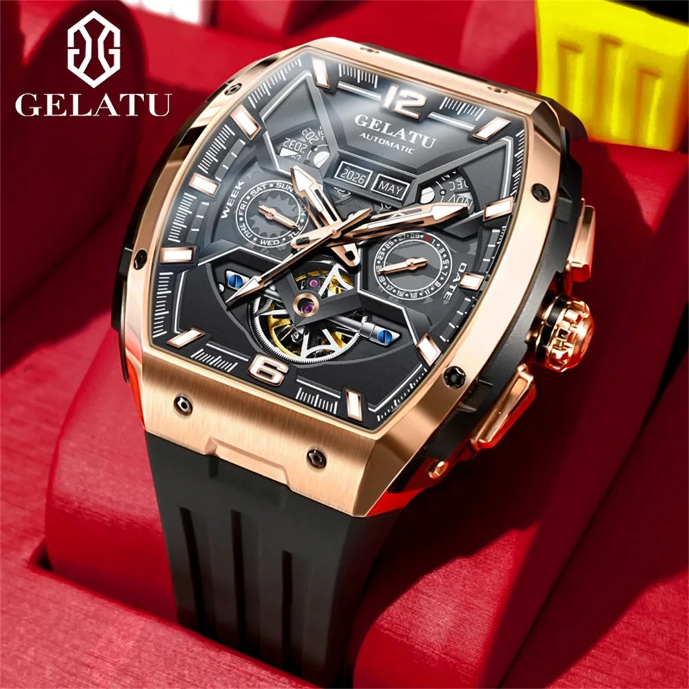 GELATU 6013 Luxury Men Hollow Automatic Mechanical Watch Waterproof Multi functional Original Men Watch Formal Watch Reloj