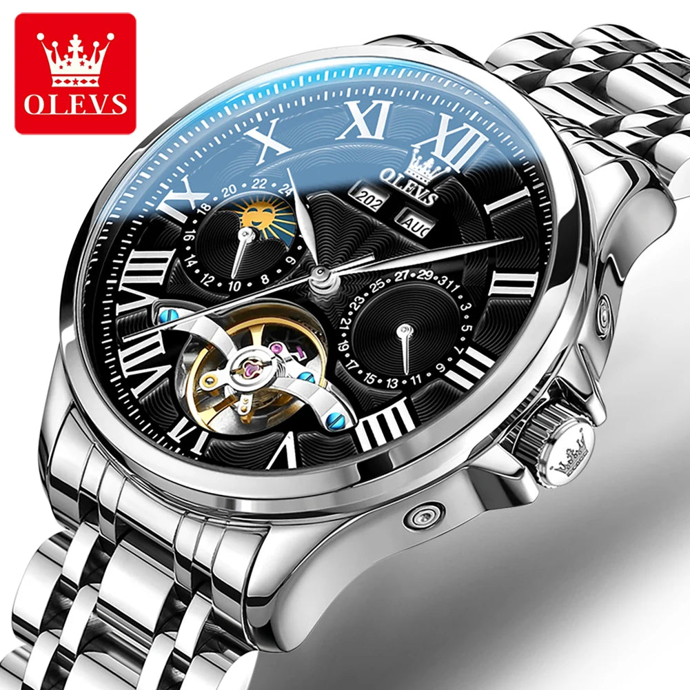 OLEVS 7013 Men's Watch Fashion Moon Phase Mechanical Watch For Men Waterproof Roman Scale Hollow Flywheel Automatic Hand Clock
