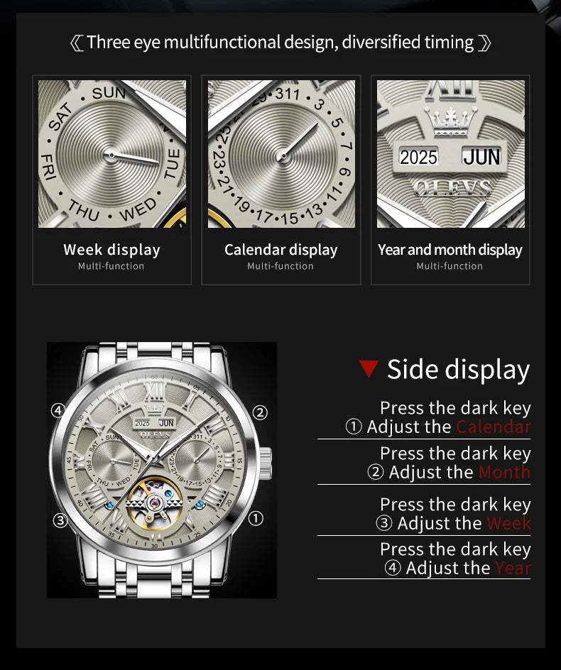 OLEVS 6668 Luxury Skeleton Automatic Mechanical Men Watch Top Brand Movement Roman Scale Calendar Waterproof Business Men Watch