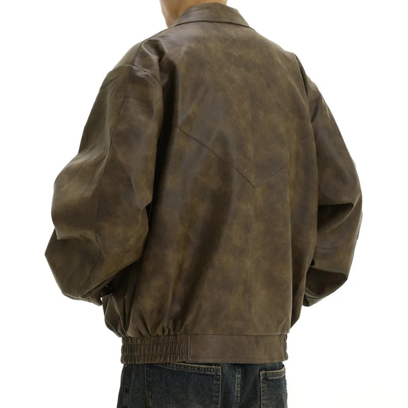 Men's Leather Jacket American style Retro Brown Make old Coat High Street fashion Casual Baggy Polo collar Jacket for men