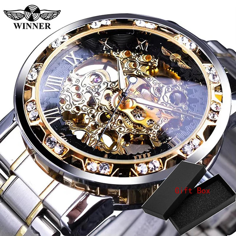 Winner Transparent Fashion Diamond Luminous Gear Movement Royal Design Men Top Brand Luxury Male Mechanical Skeleton Wrist Watch
