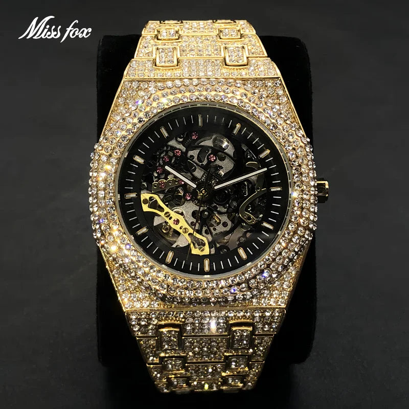 Automatic Watch For Men Luxury Full Ice Out  Hip Hop Tourbillon Watches Bling Diamond Gold Male Mechanical Clock Dropshipping