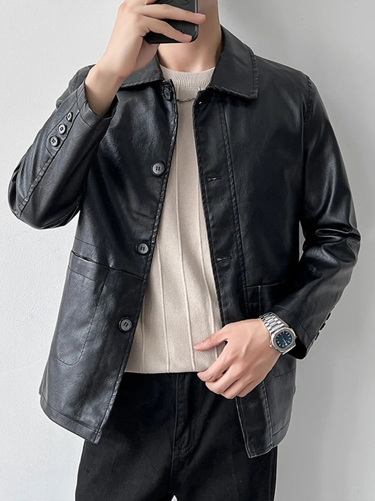 Mens Motorcycle Jacket PU Leather Coat Mid-Long Length with Notched Lapel Collar for Spring Autumn Casual Wear Windbreaker
