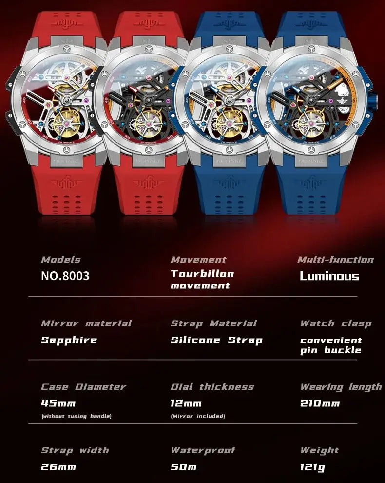 OUPINKE 8003 Men's Watch 45mm Big Dial Fashion Hollow Automatic Watch For Men Waterproof Luxury Tourbillon Mechanical Hand Clock