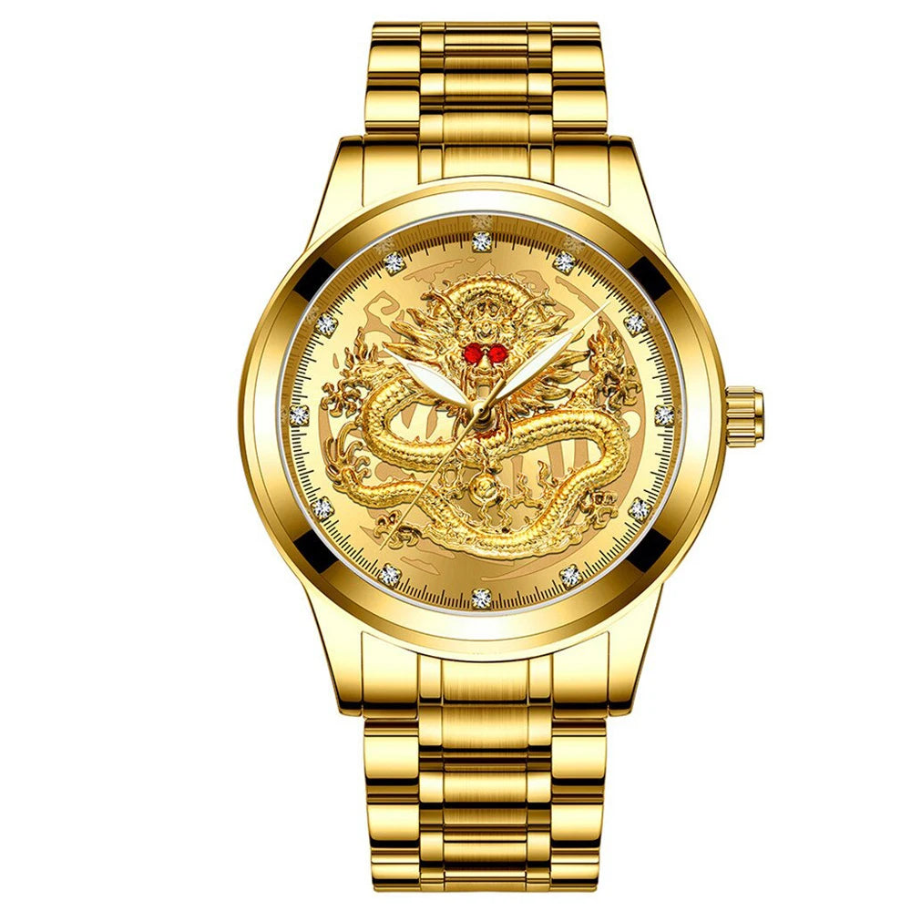 POSHI Stainless Steel Fashion Quartz Watch Gold Dragon Men's Watches Luxury Original Design Waterproof Quartz Movement Clock