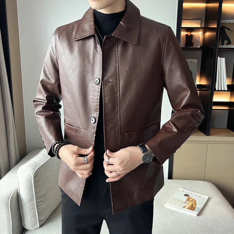 Mens Motorcycle Jacket PU Leather Coat Mid-Long Length with Notched Lapel Collar for Spring Autumn Casual Wear Windbreaker