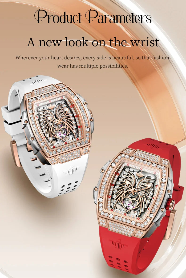 OUPINKE Women's Watches Luxury Fashion Love Diamond Dial Original Automatic Mechanical Watch for Ladies Waterproof Sapphire