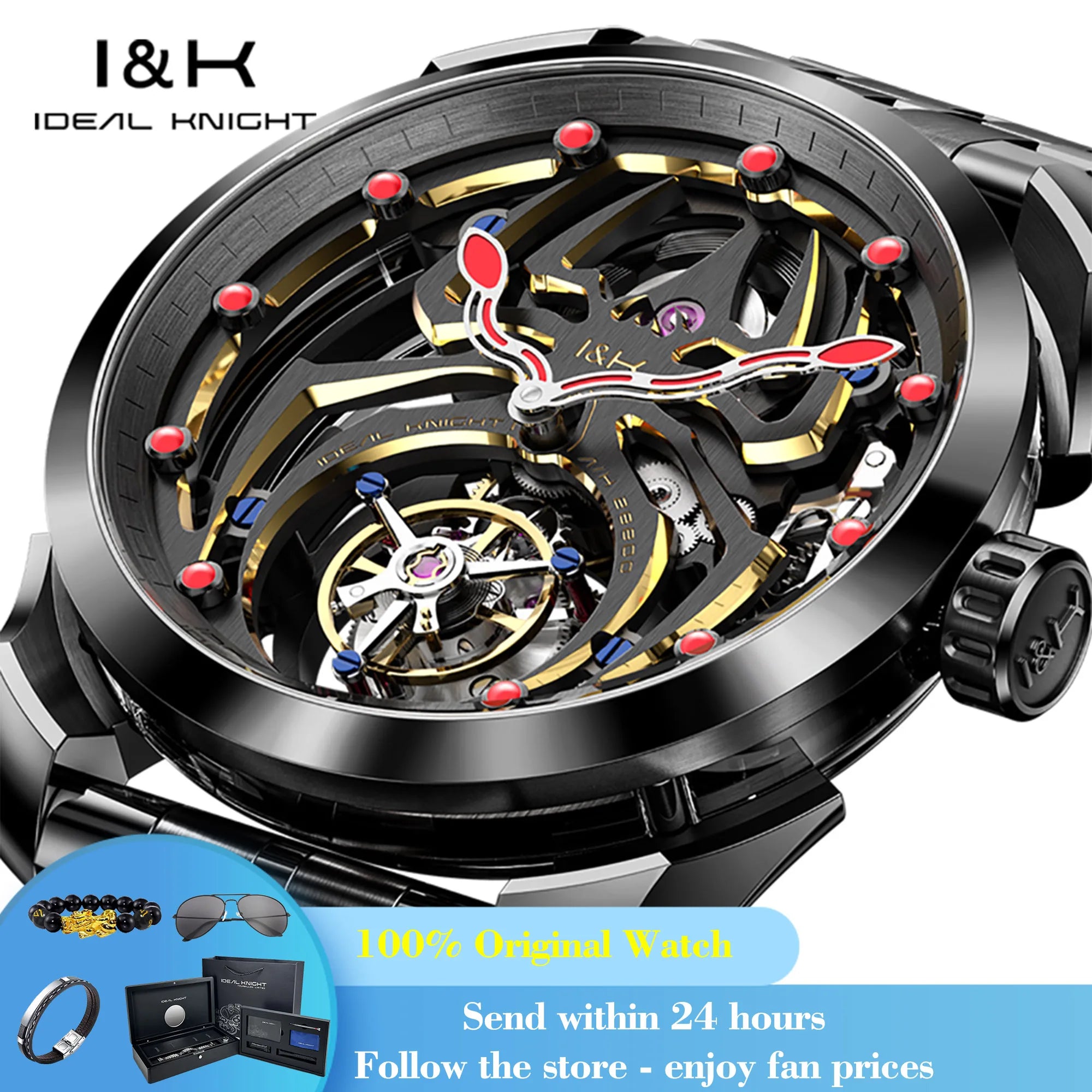 IDEAL KNIGHT 6802 Automatic Watch For Men Hollow Skeleton Mechanical Wristwatch Waterproof Tourbillon Man Watch Sapphire Mirror