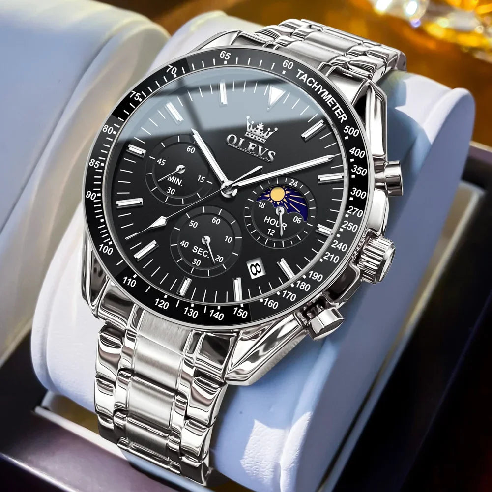 OLEVS Top Fashion All Steel Men Watch Trend Quartz Watch Moon Phase Luminous Steel Strip Waterproof Male Wristwatch