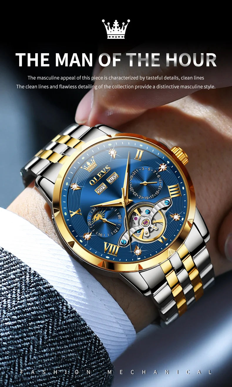 OLEVS Skeleton Multifunctional Men's Watch Automatic Mechanical Luxury Wrist Watch For Men Waterproof Stainless Steel Strap 6691