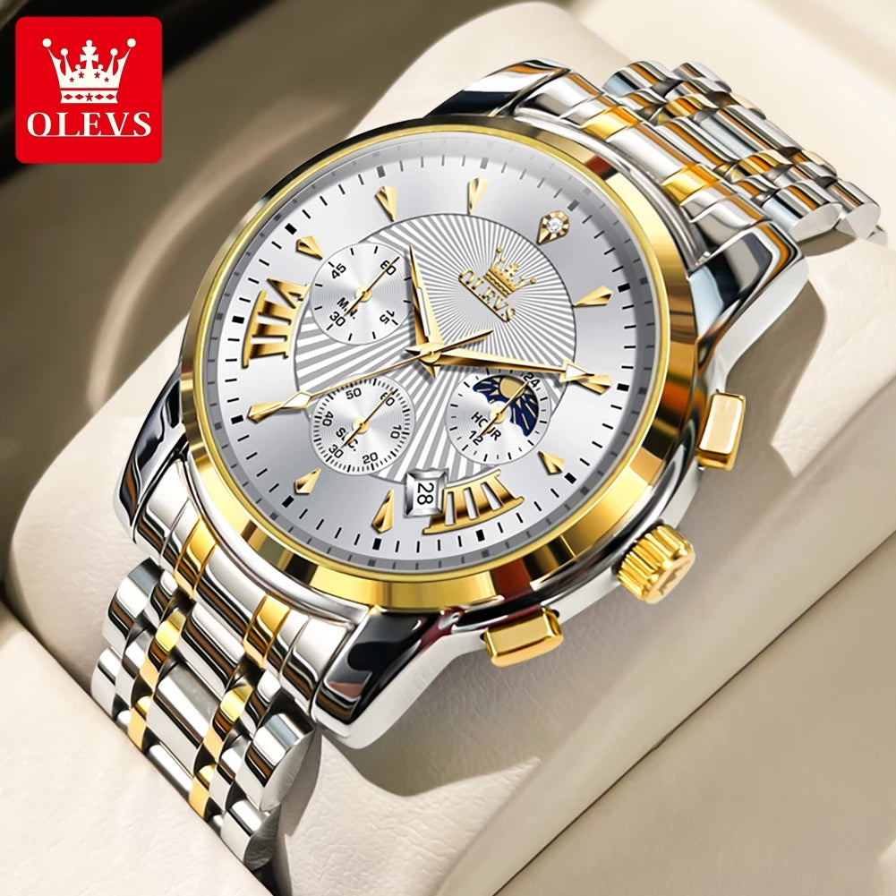 OLEVS 2892 Mens Watch Original Brand Quartz Watch Stainless Steel Moon Phase Watches For Men Chronograph Watch With Box Reloj