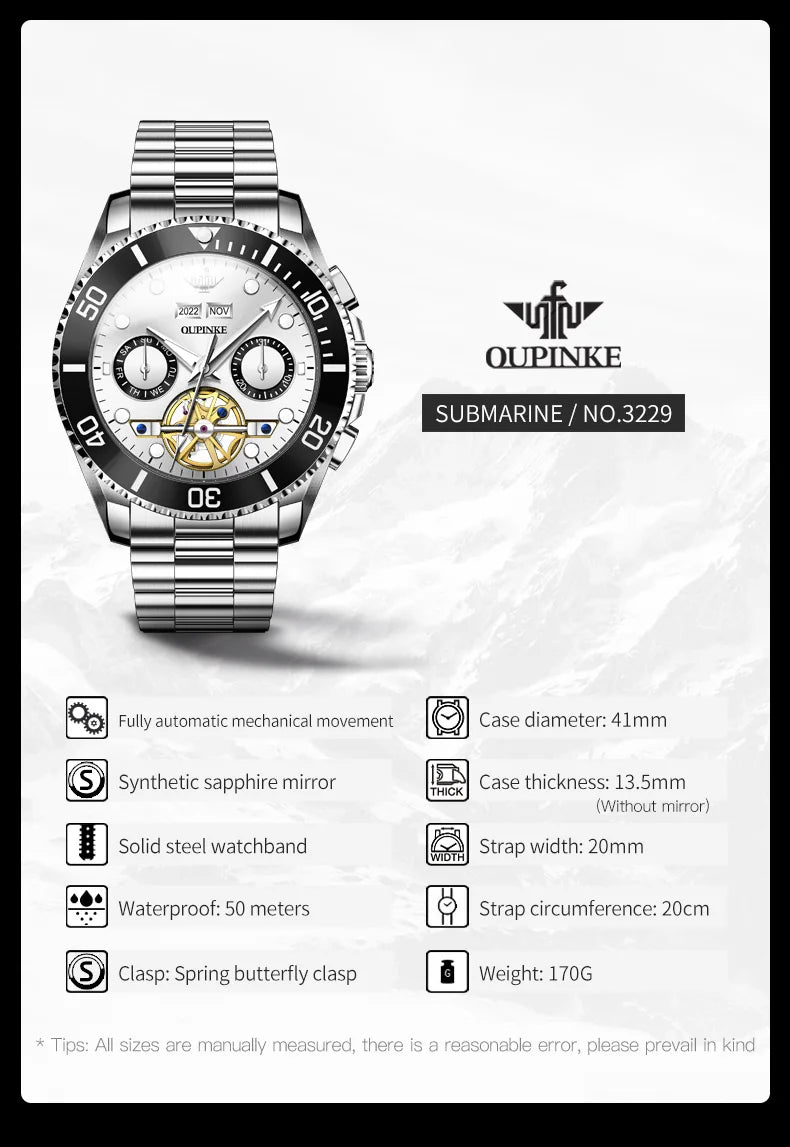 OUPINKE Automatic Mechanical Watches for Men White Black Panda Eye Skeleton Luxury Top Brand Sapphire Mirror Male Diving Watches
