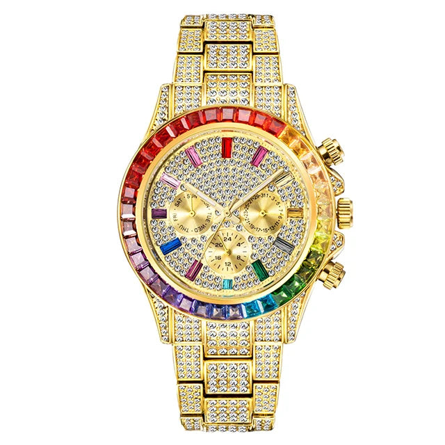 MISSFOX Blingbling Wristwatch For Men Luxury Colour Diamond Calendar Quartz Watch Hip Hop Fashion Waterproof Man Clock Hot Sale