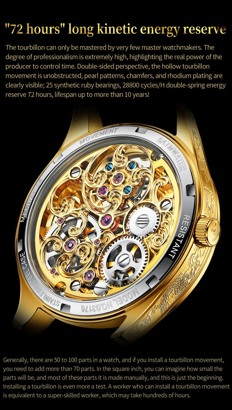 OUPINKE Real Tourbillon Watches Man Tungsten Steel Skeleton Flywheel Automatic Mechanical Men's Watches Luxury Dragon Watch 3176