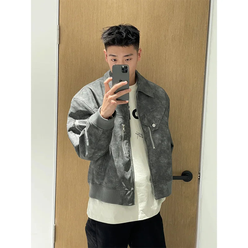 High End Men's Leather Jacket for Autumn and Winter, Stylish Motorcycle Suit, American High Street Short Style PU Jacket