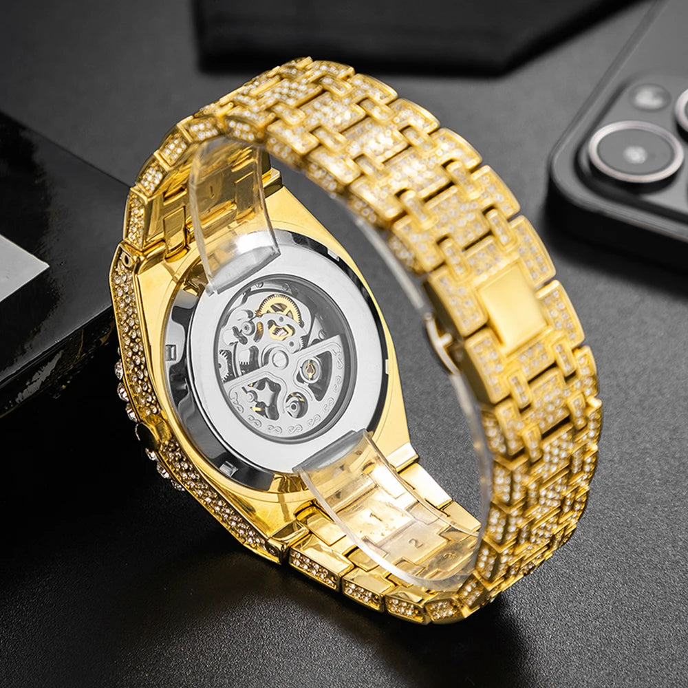 Automatic Watch For Men Luxury Full Ice Out Business Tourbillon Watches Bling Diamond Gold Male Mechanical Wristwatch Hot Sale