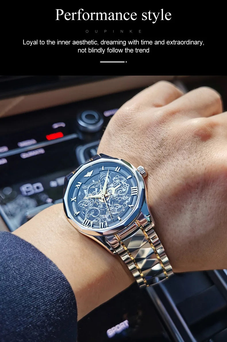 OUPINKE Tungsten Steel Strip Men's Watches Fully Transparent Dial Automatic Mechanical Watch Waterproof Sapphire Mirror Surface