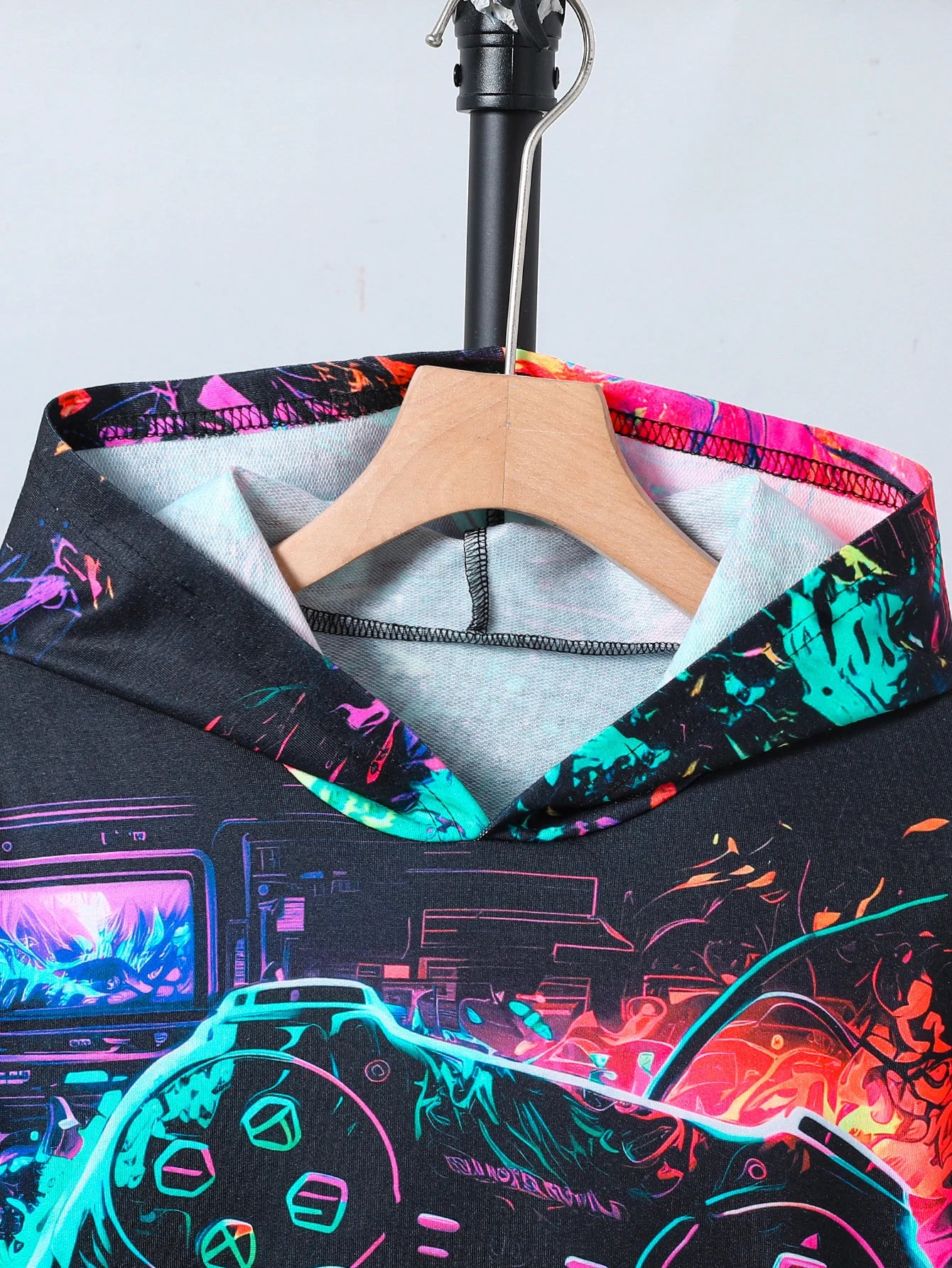 Boys' New Abstract Art Game Console Printed Hooded Sweatshirt Long-Sleeved Pants Two-Piece Autumn and Winter Suit Loose Casual Style