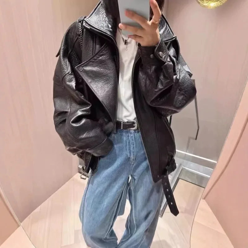 Lamb Soaked Leather Motorcycle Jacket Loose PU Leather Jacket Oversize2025 New High-end Simple Early Autumn Jacket
