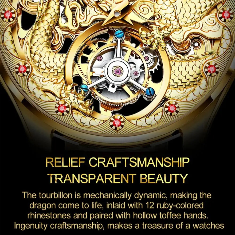 OUPINKE Tourbillon Mens Watch Luxury Automatic Mechanical Watches Skeleton Hollow Dragon Wristwatch Men