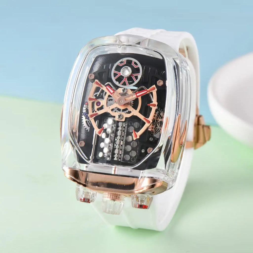 2025 new transparent waterproof men's quartz watch, unique hollow wine barrel shaped leisure watch