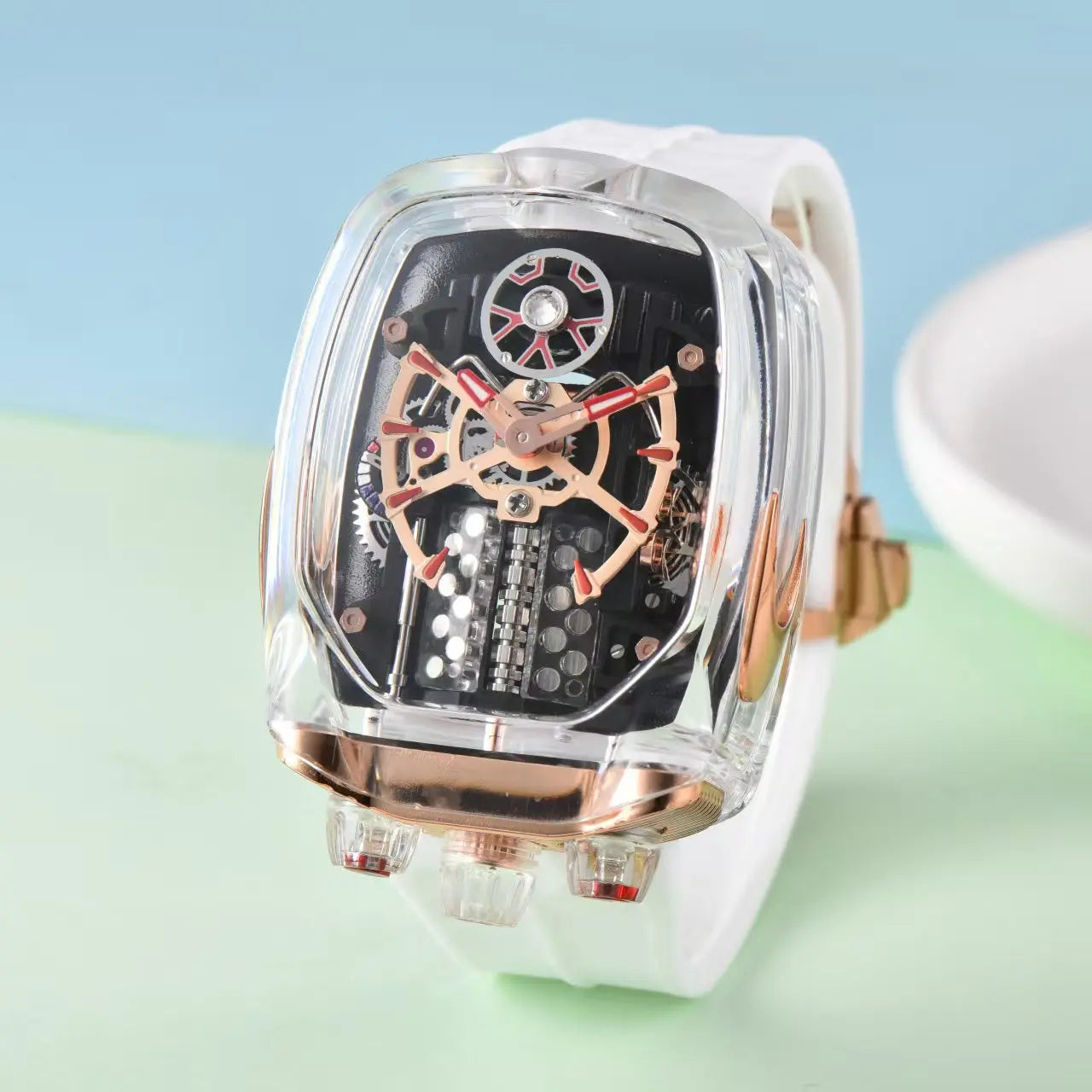2025 new transparent waterproof men's quartz watch, unique hollow wine barrel shaped leisure watch