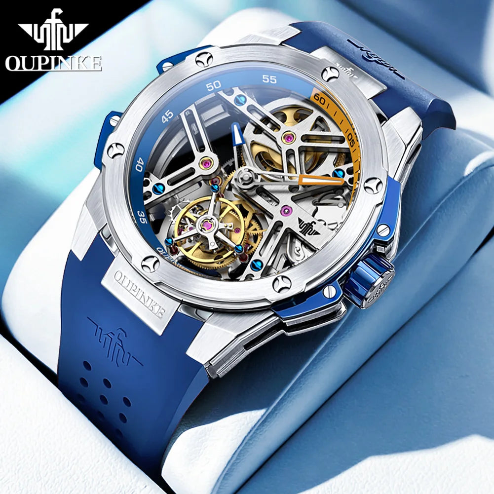 OUPINKE 8003 Tourbillon Men Watch Luxury Brand Hollow out Automatic Mechanical Watch Silicone Waterproof Sapphire Mirror Watch