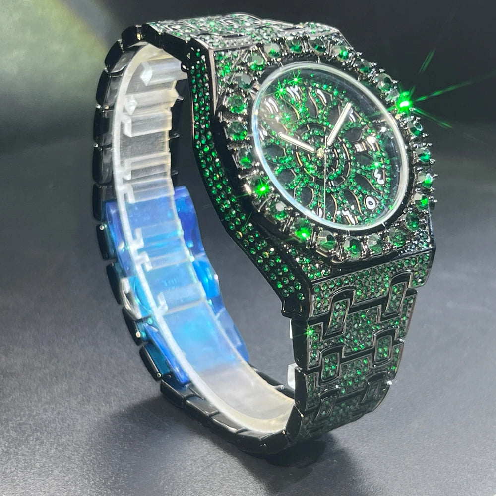 2024 Hip Hop Green Diamond Watche For Men Fashion Automatic Date Quartz Clock Dress Square Iced Jewelry WristWatch Man For Gift